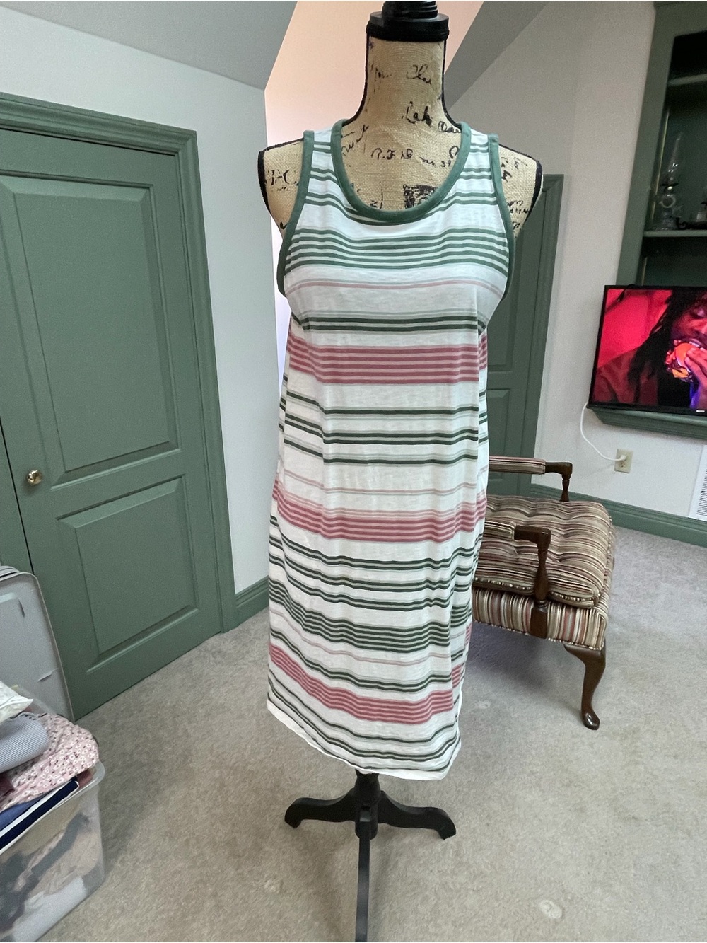 J. Jill Sleeveless Striped Midi Dress in Green and Pink